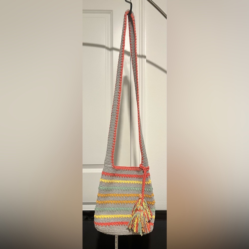 Gray and Red Crochet Shoulder Bag
